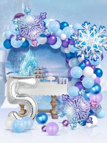 144pcs Silver Frozen Themed Balloon Arch & Garland Set, Including Snowflake Foil Balloon, Metallic Purple & Blue, And Printed Blue Balloon With Snowflake Shapes, Perfect For Princess Birthday Party, Frozen Theme, Decoration, Christmas