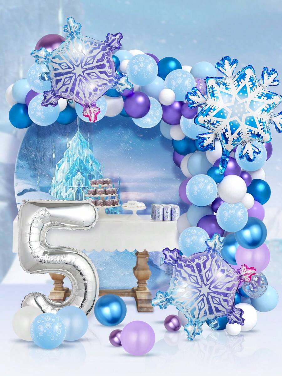 144pcs Silver Frozen Themed Balloon Arch & Garland Set, Including Snowflake Foil Balloon, Metallic Purple & Blue, And Printed Blue Balloon With Snowflake Shapes, Perfect For Princess Birthday Party, Frozen Theme, Decoration, Christmas