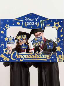 1Set 2024 Graduation Hollowed-Out  Photo Booth Props , Blue And Golden Graduation Photo Frame Set, Congrats Grad,Class Of 2024 Graduation Party Supplies And Decorations For High School And College Graduation Announcements - Multicolor - View 3