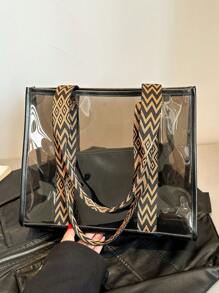 Beach Holiday Clear Handbag, Large Capacity Tote Bag With Shoulder Strap, Coin Purse - Black - View 2