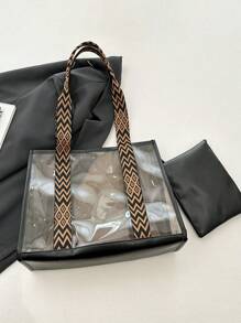 Beach Holiday Clear Handbag, Large Capacity Tote Bag With Shoulder Strap, Coin Purse - Black - View 6