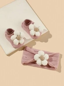 1pc Headband + 1pair Socks Set With Floral Decoration For Infants And Toddlers, Made Of Highly Elastic Nylon Love Valentine