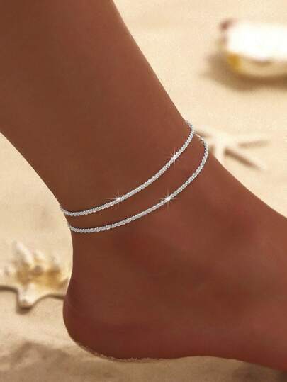 1pc Simple Charm Bulingbuling Vegan Chain Double Silver Anklet For Women Fashion Shiny Beach Vacation Travel Jewelry Couple Anklet