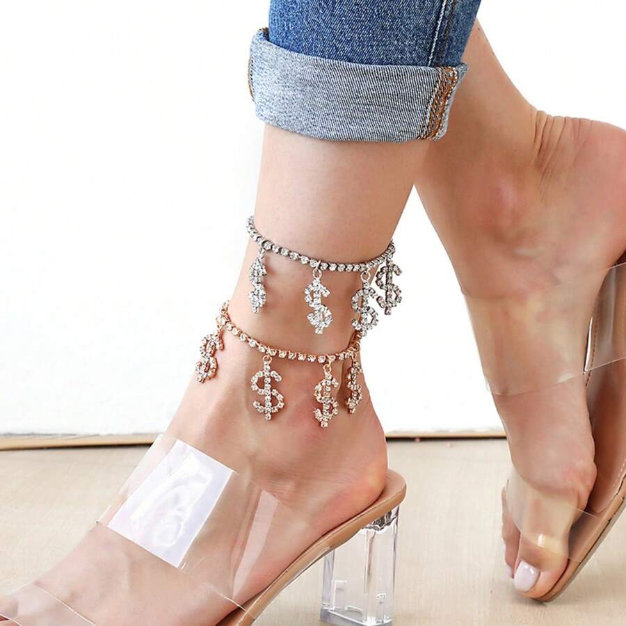 極簡風格鑲嵌水晶爪鍊符號腳鍊，配樹脂美元符號吊墜，適用於海灘度假腳飾 - 彩色 - 查看 1