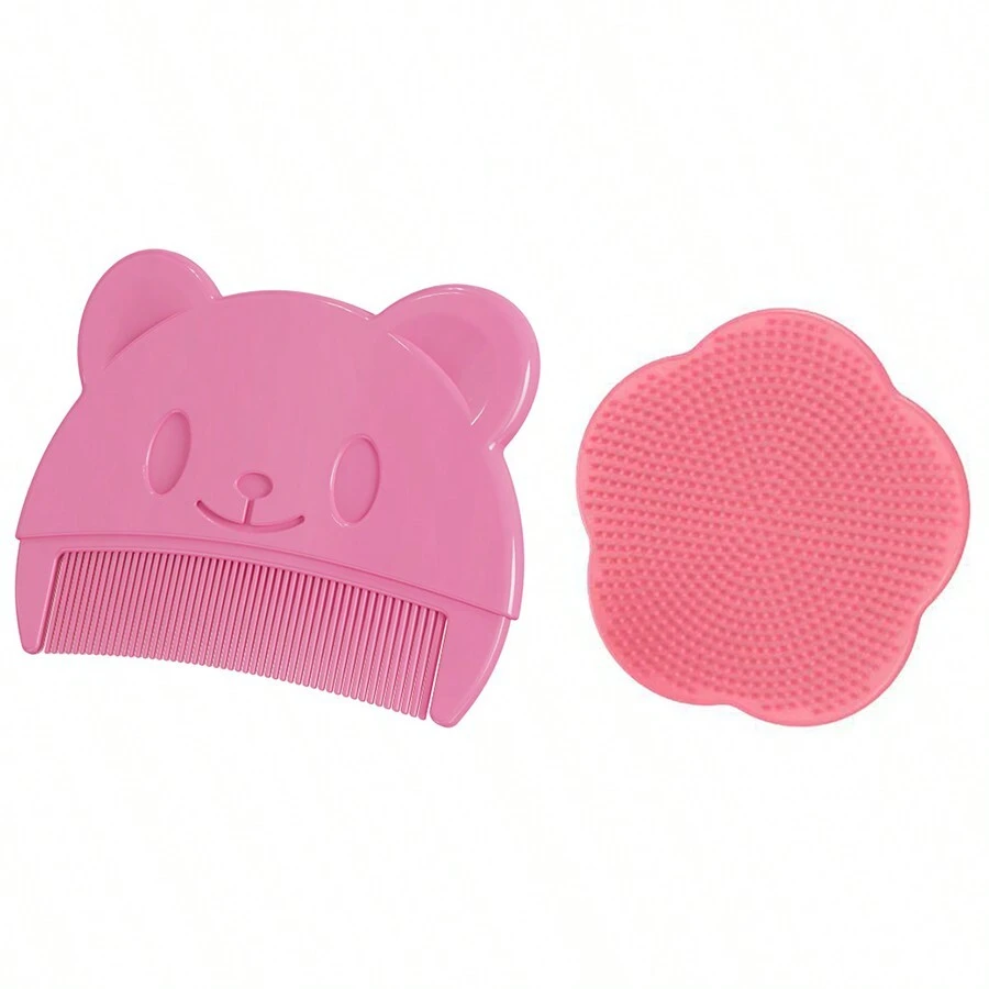 2pcs Infant Silicone Shampoo Brush And Comb Set To Remove Cradle Cap While Bathing - Pink - View 1