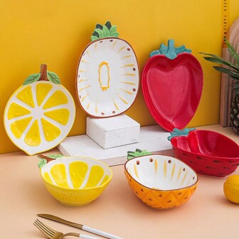 1pc Creative Fruit-Shaped Hand-Painted Ceramic Tableware, Cute And Beautiful Strawberry Lemon Pineapple Dinner Plate Salad Bowl For Rice, Salad, Soup Christmas Gift