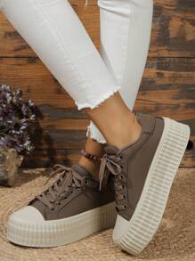 Women Spring And Autumn New Round-Toe Front Tie Slip-On Thick-Soled Wedge Loafers Breathable Soft-Bottom Casual Walking Shoes