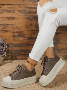 Women Spring And Autumn New Round-Toe Front Tie Slip-On Thick-Soled Wedge Loafers Breathable Soft-Bottom Casual Walking Shoes