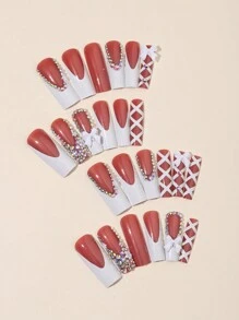 24片装长方形按压式美甲贴片，XXL白色法式奢华3D水钻蝴蝶结设计亚克力假指甲，棺材形，美甲用品礼品，适合女性和女孩 - 彩色 - 查看 2