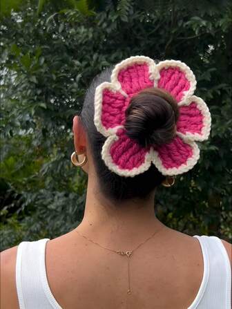 1pc Handmade Knitted Flower Cute Hair Tie Leather Band,Pink Accessories Valentine's Day Ponytail Holders Hair Elastics Hair Rubber Bands Scrunchies Hair Rope Elastic Hair Tie, Hair Bobbles