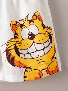 Young Boy Naughty Cat Cartoon Printed Shirt And Short Sleeve Set For Spring/Summer - White - View 7