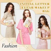 Personalized Initial Letter Clear Makeup Bag, Preppy Small Nylon&PVC Cosmetic Zipper Bag With Chenille Letter, Portable Beach Travel Skincare Toiletry Bag,Fashionable Monogram Gift For Teen Girls Women,Transparent Organizer Pouch For Travel Back To School Bathroom Dorm Essentials For Makeup Tools Makeup Bags Makeup Organizer Make Up Organizer Makeup Storage Make Up Bag - Beige - View 6