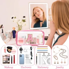 Geantă de machiaj cu scrisoare inițială personalizată, transparentă, cu plasture de chenille A-Z, geantă cosmetică din nailon Preppy cu fermoar, omologat TSA, transparentă, impermeabilă, pentru toaletă, pentru femei, fete, organizator pentru machiaj.