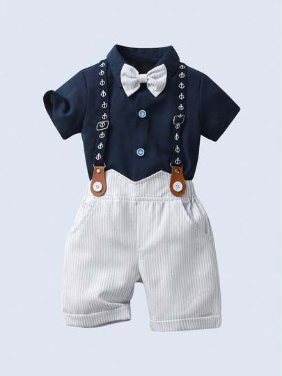 BOARNSEORL 2pcs Young Boys Gentleman Outfit, Navy Blue Shirt And White Striped Suspender Pants With Bow Tie, Suitable For Holidays, Weddings, Parties, Celebrations