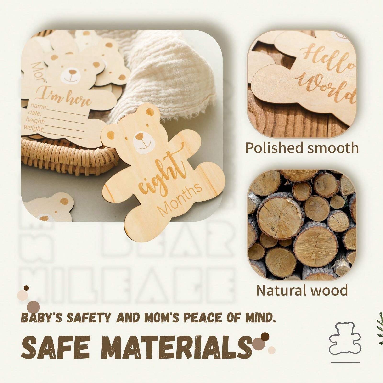 1 Set Of 7pcs Baby Milestone Cards With Bear Shaped Wooden Plaque
