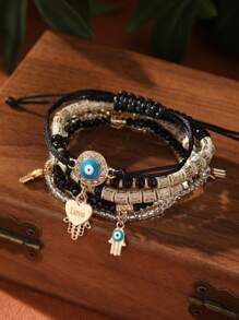 Conjunto de 6 piezas de Pulsera con múltiples capas de cuentas de estilo bohemio con colgantes en forma de "ojo malvado" y palma, ajustable y adecuado para uso diario - aojo - Ver 3