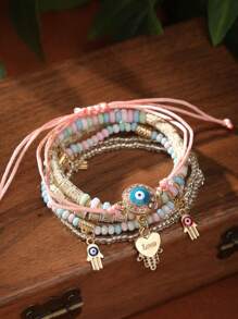 Conjunto de 6 piezas de Pulsera con múltiples capas de cuentas de estilo bohemio con colgantes en forma de "ojo malvado" y palma, ajustable y adecuado para uso diario - aojo - Ver 2
