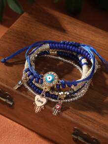Conjunto de 6 piezas de Pulsera con múltiples capas de cuentas de estilo bohemio con colgantes en forma de "ojo malvado" y palma, ajustable y adecuado para uso diario - aojo - Ver 8