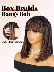 Peluca de trenzas bob trenzadas para mujer, peluca corta de trenzas cuadradas con flequillo, peluca sintética de trenzas marrones con raíces negras para mujeres afroamericanas