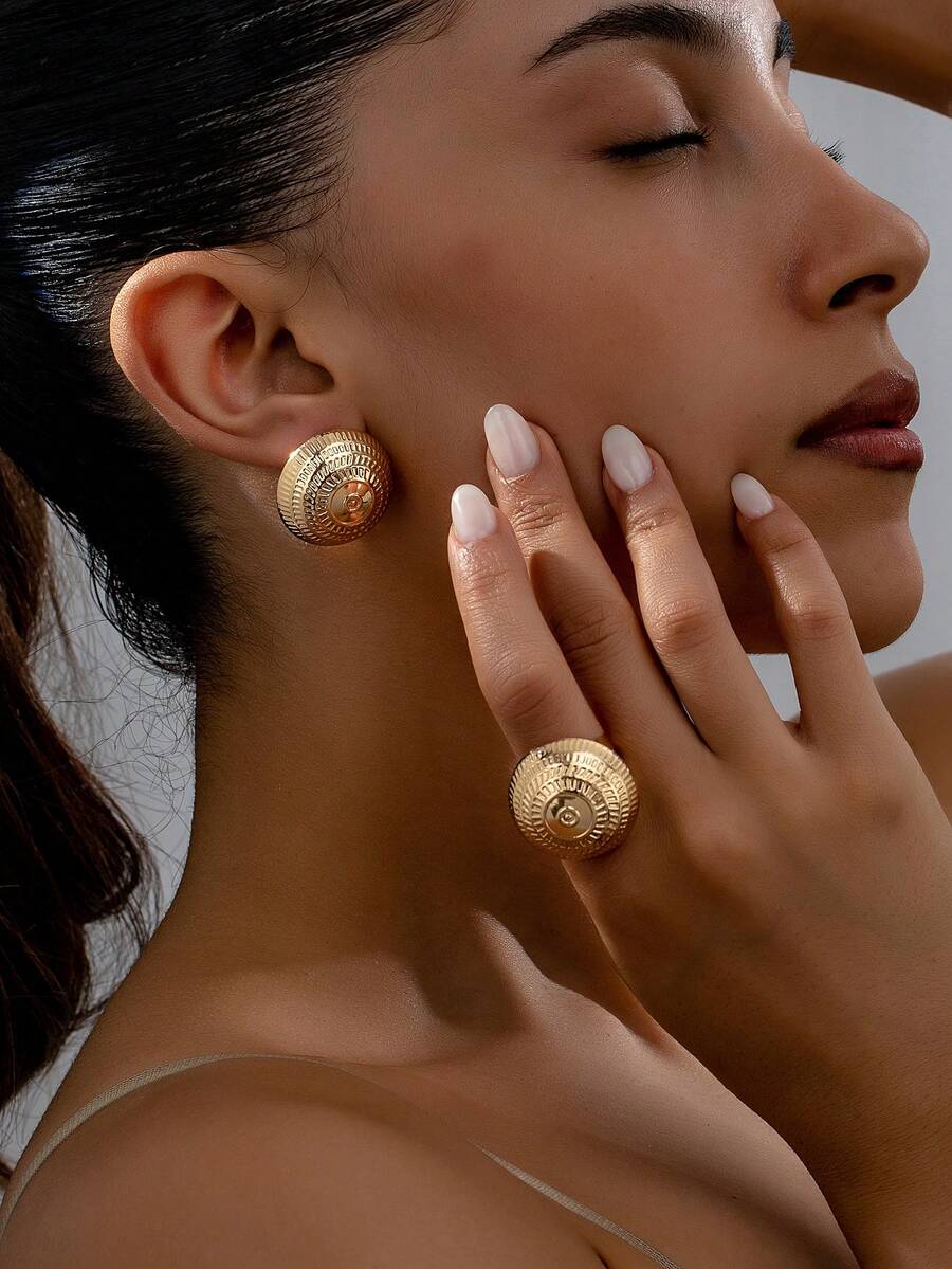 3 cái/bộ Bộ bông tai và nhẫn hình trống phóng đại dành cho nữ - Vàng - Xem 1