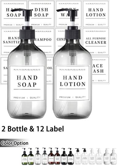 WCIC 2 paquetes de 500ml/16oz Botellas dispensadoras de loción con bomba, 12 etiquetas impermeables, botellas de plástico rellenables para dispensar champú, gel de ducha, acondicionador - Kit de botellas vacías para decoración de baño de hotel, baño del hogar, decoración de otoño, regreso a la escuela