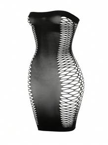 1 pieza Vestido ajustado sexy de malla hueca de red para mujer sin bikini para festival de música, día de San Valentín, ropa de playa transparente para el verano con traje de baño para mujer