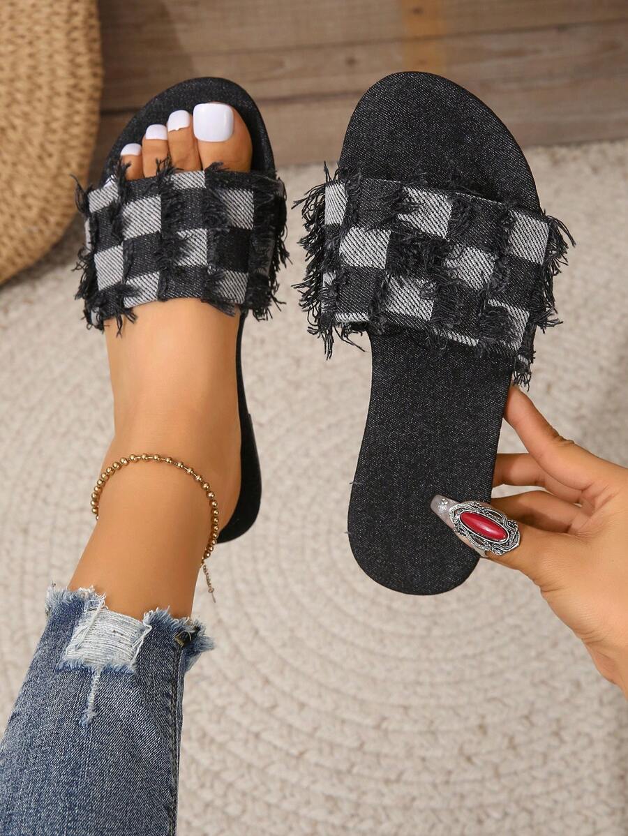 2024 New Summer Style Women's Open Toe Slipper, Round Toe Plus Size Fashionable Outdoor Flat Sandals - 黑色 - 查看 1