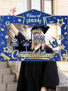 1Set 2024 Graduation Hollowed-Out  Photo Booth Props , Blue And Golden Graduation Photo Frame Set, Congrats Grad,Class Of 2024 Graduation Party Supplies And Decorations For High School And College Graduation Announcements - Multicolor - View 2