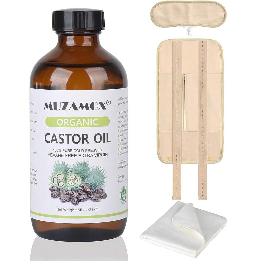 Castor Oil Organic Cold Pressed Unrefined Glass Bottle (8fl.Oz/237ml), Castor Oil Pack Wrap Organic Cotton And Castor Oil Packs For Liver - White - View 1