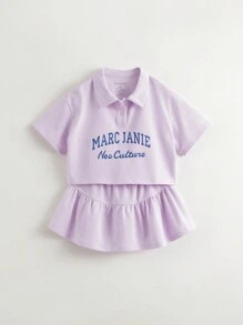 MARC&JANIE 2pcs/Set Young Girl Preppy Style Vibrant Campus Contrast Color Letter Print Polo Collar Short Sleeve Shirt And Skirt Set For Summer - Lilac Purple - View 3