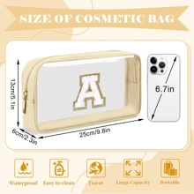 Personalized Initial Letter Clear Makeup Bag, Preppy Small Nylon&PVC Cosmetic Zipper Bag With Chenille Letter, Portable Beach Travel Skincare Toiletry Bag,Fashionable Monogram Gift For Teen Girls Women,Transparent Organizer Pouch For Travel Back To School Bathroom Dorm Essentials For Makeup Tools Makeup Bags Makeup Organizer Make Up Organizer Makeup Storage Make Up Bag - Beige - View 3