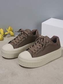 Women Spring And Autumn New Round-Toe Front Tie Slip-On Thick-Soled Wedge Loafers Breathable Soft-Bottom Casual Walking Shoes