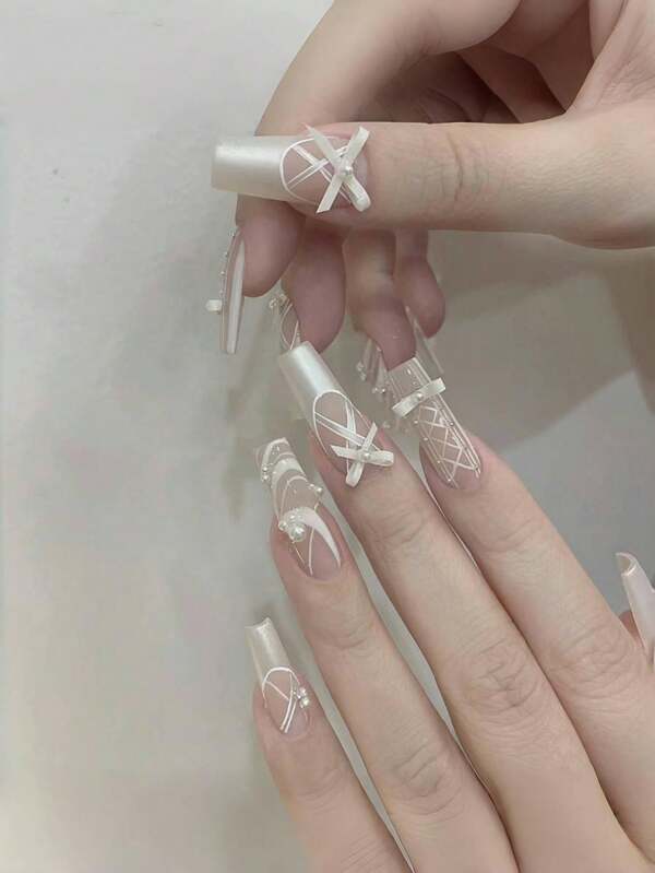 10 PIEZAS de uñas postizas de satén hechas a mano con efecto fotoendurecedor y nacaradas tipo francesas