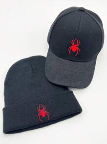 BOGO Men's 2-Pcs Combination Set With Halloween Embroidered Spider Pattern Street Hip-Hop Casual Baseball Cap, Knitted Unisex Slouchy Beanie, Breathable Comfortable Adjustable Fall Outfit