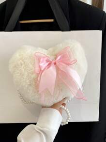 Women Asymmetrical Bow Knot Heart Shaped Shoulder Bag - Beige - View 1