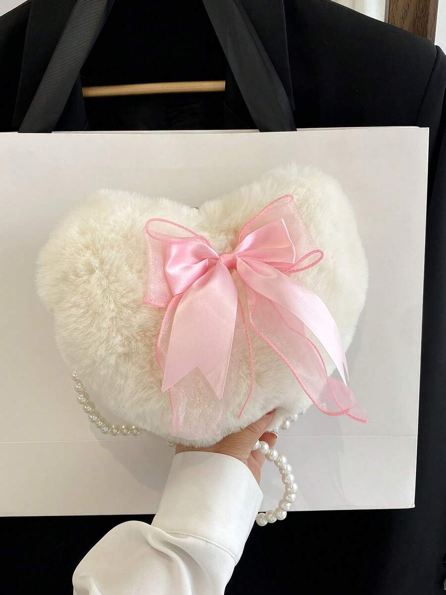 Women Asymmetrical Bow Knot Heart Shaped Shoulder Bag - Beige - View 1