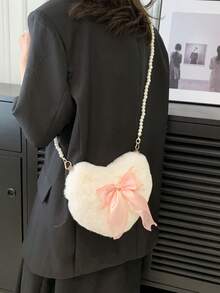 Women Asymmetrical Bow Knot Heart Shaped Shoulder Bag - Beige - View 2