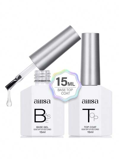 两瓶15毫升透明底胶和亮胶套装，需使用UV灯固化，持久耐用，适用于家庭DIY美甲沙龙或作为女士礼物。