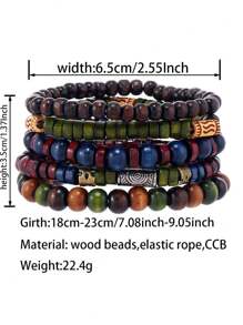 5pcs/Set Bohemian Style Fashionable Wood Bead, Patterned Alloy Leaf And Multi-Layered Bracelet For Men's Daily Wear, Suitable As A Gift For Friends - Multicolor - View 11