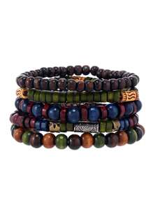 5pcs/Set Bohemian Style Fashionable Wood Bead, Patterned Alloy Leaf And Multi-Layered Bracelet For Men's Daily Wear, Suitable As A Gift For Friends - Multicolor - View 12
