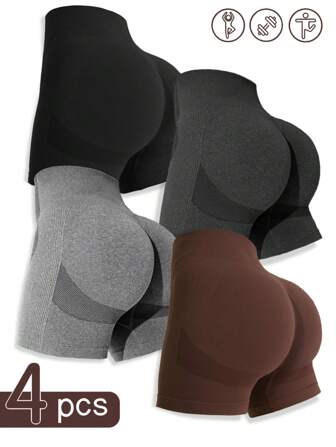 4入組女款無縫瑜珈短褲，高腰彈性，吸濕排汗，日常運動休閒短褲，提升屁股曲線短褲女式內褲