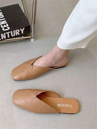 Women's Elegant Mule Shoes With Square Toe, Lightweight PU Flat Dress Shoes