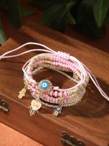 Conjunto de 6 piezas de Pulsera con múltiples capas de cuentas de estilo bohemio con colgantes en forma de "ojo malvado" y palma, ajustable y adecuado para uso diario - aojo - Ver 12