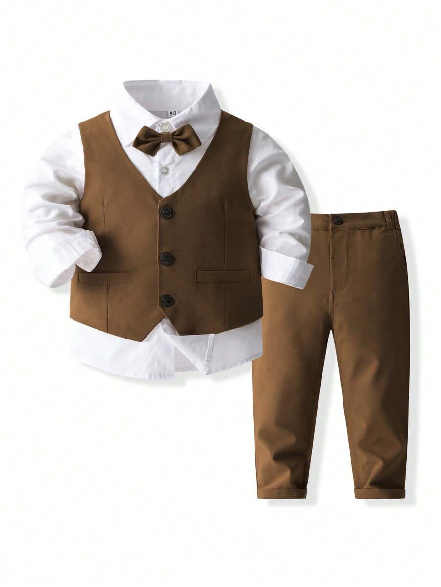KIMOCAT Young Boy Gentleman European And American Style Party Dress, 3pcs Set With Vest, Long Sleeve Shirt And Pants - Brown - View 1