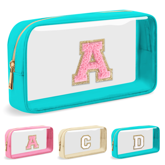 个性化首字母透明防水化妆包，学院风小号尼龙和 PVC 化妆拉链包，带雪尼尔字母，便携式海滩旅行护肤洗漱包，时尚字母组合礼物，适合少女女士，适合学校大学假期宿舍度假（绿色）化妆包化妆品收纳盒化妆品收纳盒