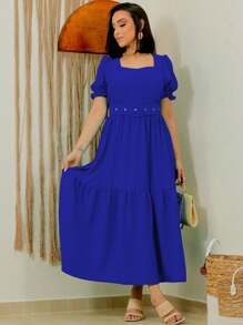 LIA Elegant Princess Sleeve Midi Dress - Xanh đậm - Xem 3
