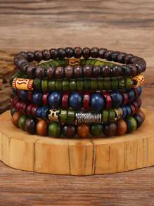 5pcs/Set Bohemian Style Fashionable Wood Bead, Patterned Alloy Leaf And Multi-Layered Bracelet For Men's Daily Wear, Suitable As A Gift For Friends - Multicolor - View 2
