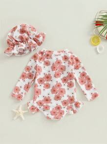 2Pcs Baby Girls Swimsuit Long Sleeve Flower Print Zipped Bikini With Hat Newborn Swimwear For Summer Bathing