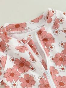2Pcs Baby Girls Swimsuit Long Sleeve Flower Print Zipped Bikini With Hat Newborn Swimwear For Summer Bathing