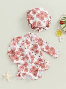 2Pcs Baby Girls Swimsuit Long Sleeve Flower Print Zipped Bikini With Hat Newborn Swimwear For Summer Bathing